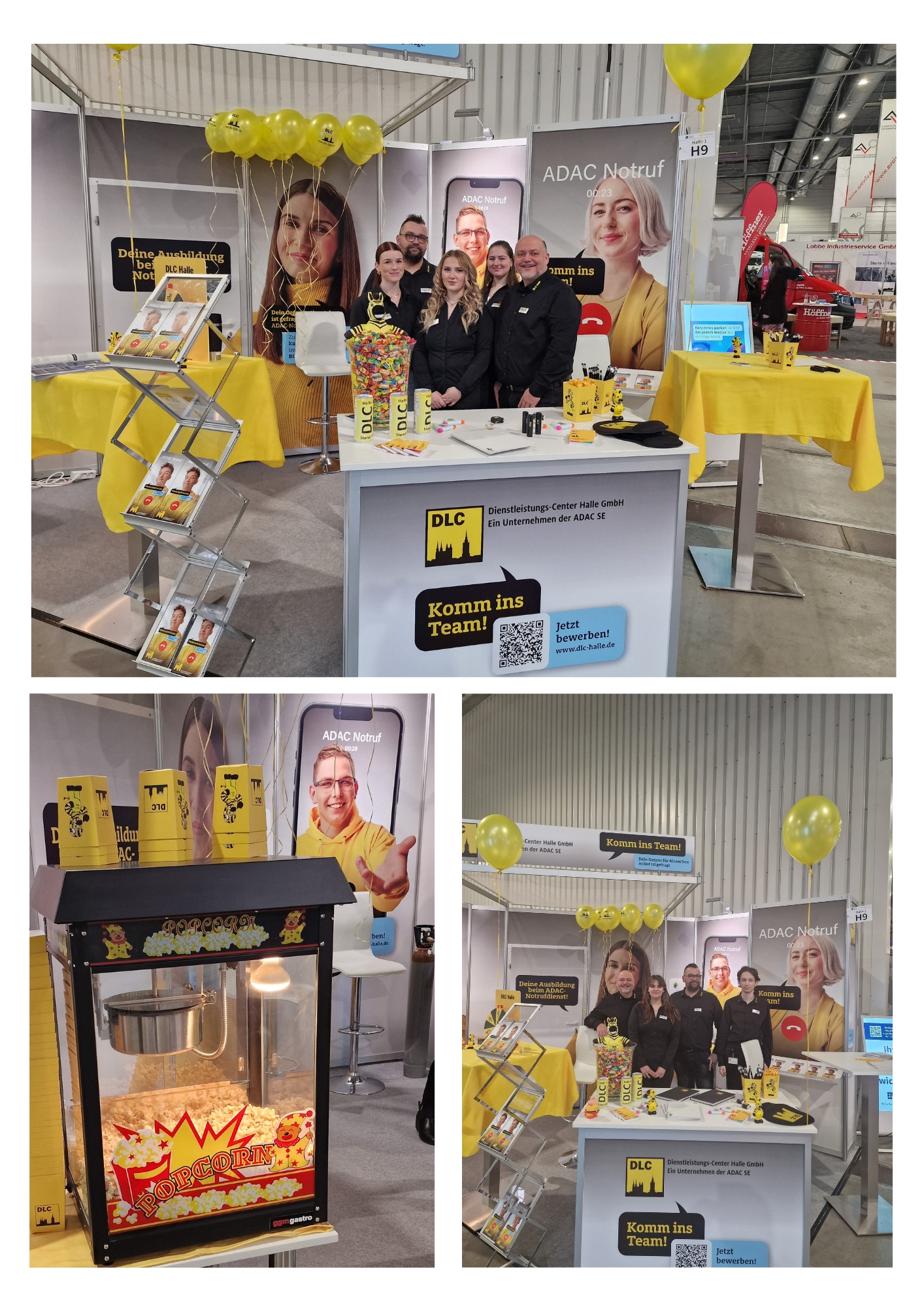 Mehrere Personen lächeln am Messestand mit gelben Tischen und Luftballons